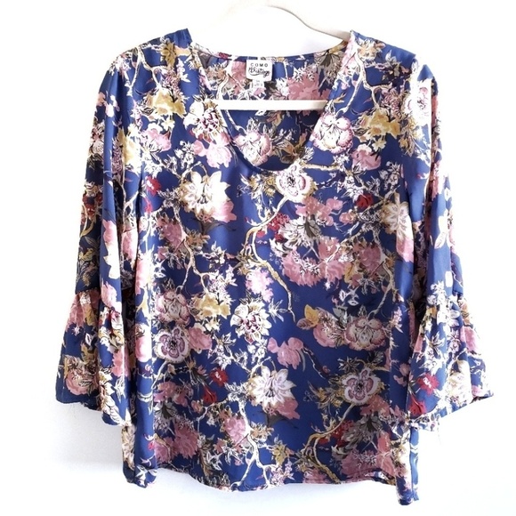 Como Vintage Tops - Como Vintage Top XS Floral Bell Sleeve Blue Blouse